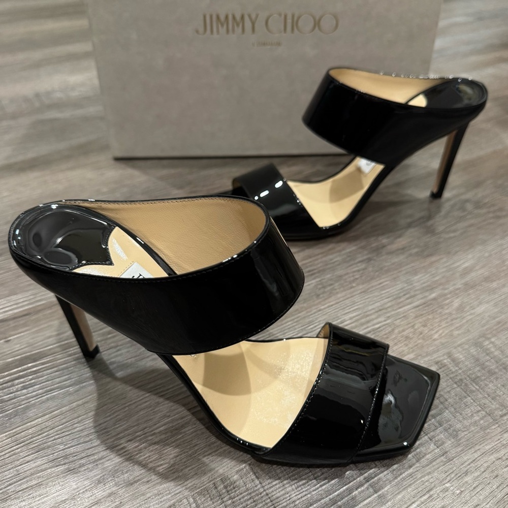 Jimmy Choo Hira 85 mm Black Soft Patent Leather Mule Heels Sandals